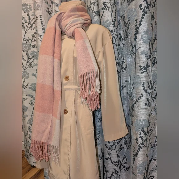 🩷Blush & Cream Plaid Shawl, Poncho, Extra-Wide Scarf, Wrap, Blanket - Picture 5 of 8